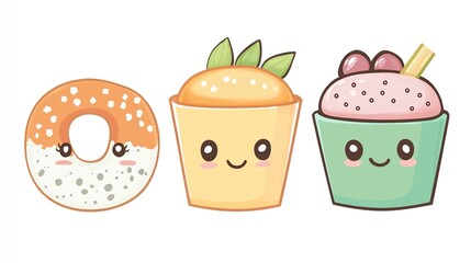 Cute cartoon donut, muffin, and cupcake.