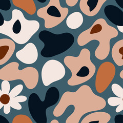 Modern Organic Abstract Pattern with Irregular Shapes and Daisy Accents on Teal Background
