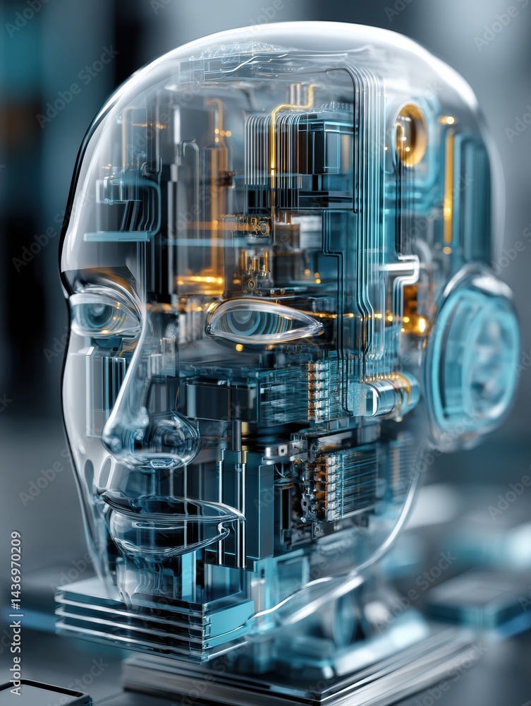 Poster Futuristic Robot Head With Transparent Casing Showcasing Intricate AI Core Design and Advanced Circuitry Details in a High-Tech Environment