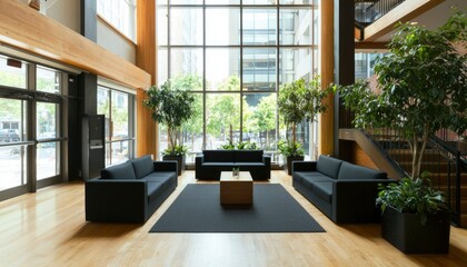 Modern lobby with city view