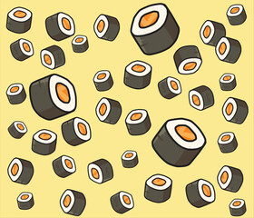 Seamless pattern of cartoon Sushi roll on a light yellow background, Perfect for food-themed designs.