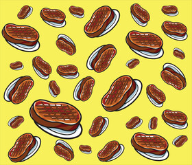 Fun and vibrant Grilled Steak pattern illustration with yellow Background, perfect for restaurant or cafe-themed designs