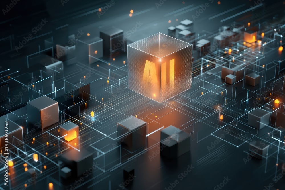 Poster Visual Representation of AI Concept Featuring a Floating Hologram Logo and a Digital Cube Background Illustrating Modern Technology