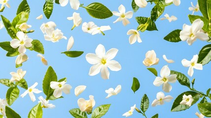 Floating White Flowers Blue Background Botanical Spring Floral