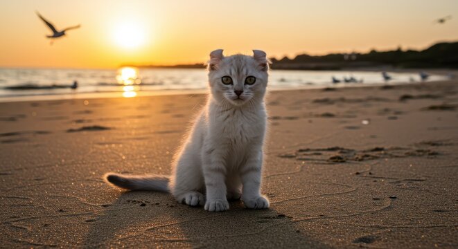 Small kitten with green eyes sitting on a beach at sunset - Powered by Adobe