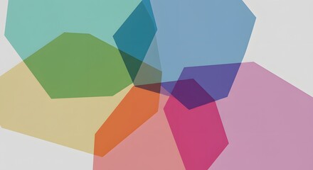 Abstract illustration with overlapping translucent polygons in various bright colors on white