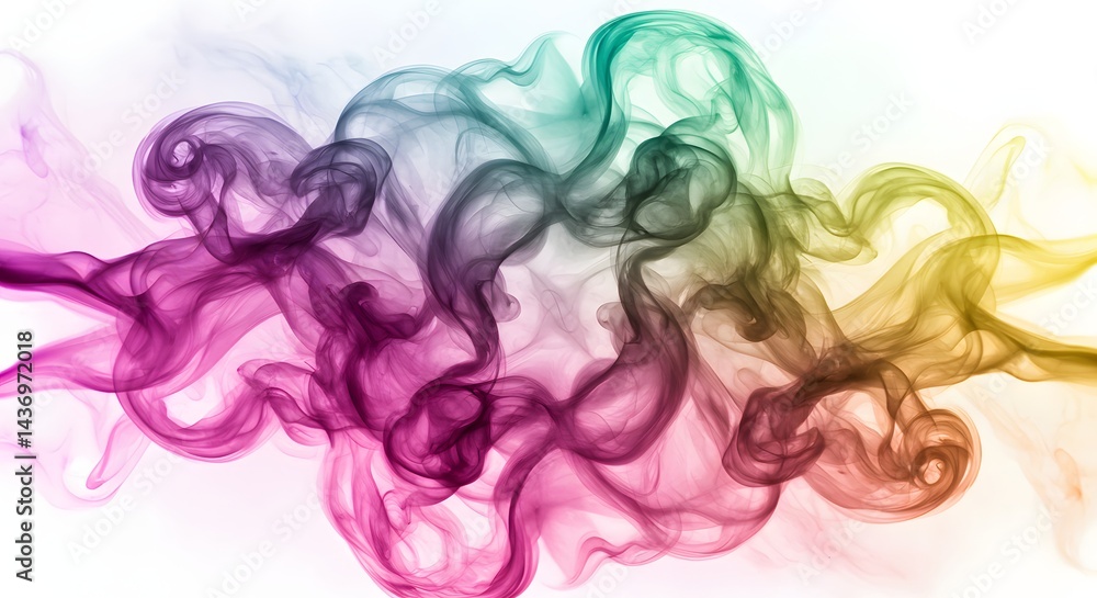 Poster abstract image of colorful smoke swirling and blending against a white background creating soft patt