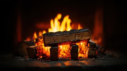 A warm orange and red flame burns brightly in the home's fireplace, the burning wood logs radiating heat and light into the night