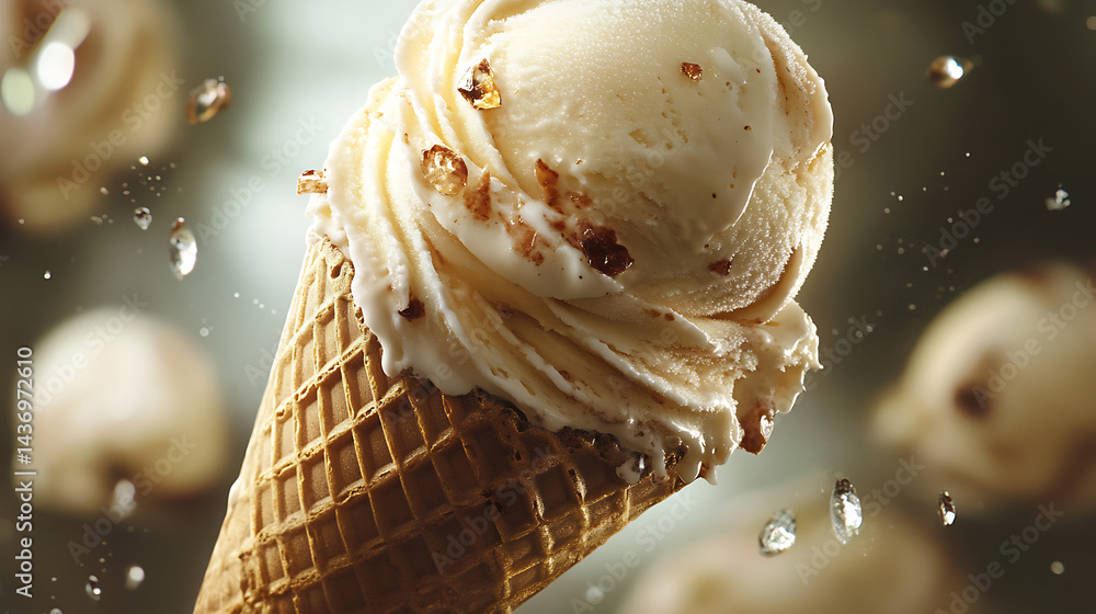 Poster delicious ice cream cone with creamy vanilla flavor and crunchy nuts on top captured in a vibrant se