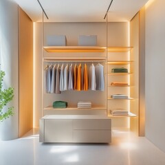 Contemporary open wardrobe system design modern interior product showcase luxurious environment aesthetic viewpoint