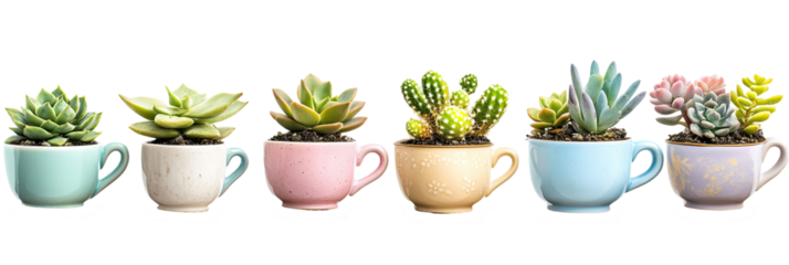 Colorful Succulent Plants in Charming Teacups for Home Decor and Gardening Enthusiasts on transparent background