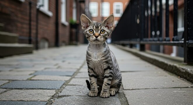 Young tabby cat with gray and black stripes sitting in an urban alleyway