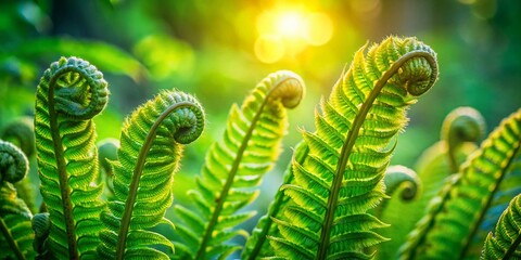 Fototapeta premium Unfurling Fern Fronds: Lush Forest Closeup, Spring Foliage, Nature's Renewal
