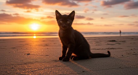 Black kitten sitting on beach sand at sunset with ocean and person in background