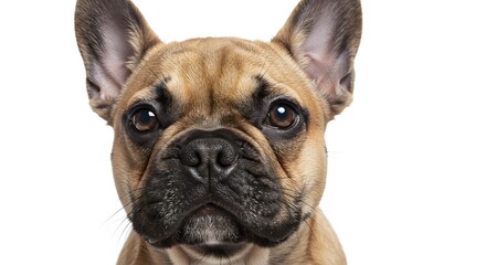 Obraz premium Close up of a fawn french bulldog with a white background looking directly at the camera lens