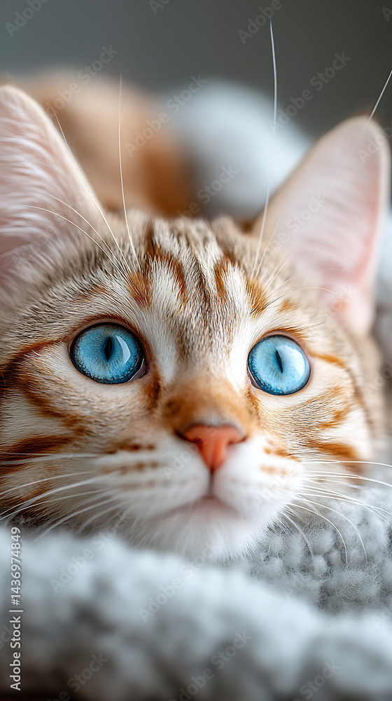 Poster close-up of an adorable cat with striking blue eyes relaxing on a soft blanket : generative ai
