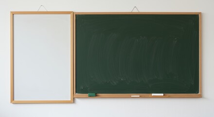Behold empty green chalkboard texture elegantly hanging clean white wall framed both greenboard itself surrounding white providing ample space wallpaper copy versatile bill board subtle wood