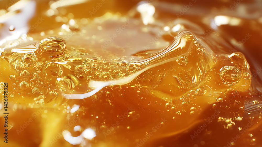 Aufkleber close-up view of a liquid surface showing vibrant bubbles and rich amber tones in a flowing motion :