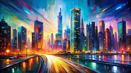 Obraz premium Vibrant Cityscape Abstract: Long Exposure Skyscrapers Painting