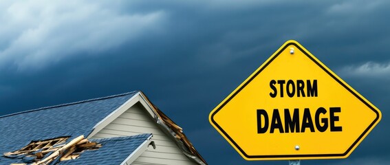 Storm Damage to House Roof Under Dark Sky