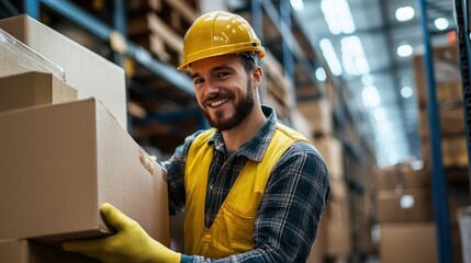 Smiling warehouse worker stacking boxes with protective gear indoors environment