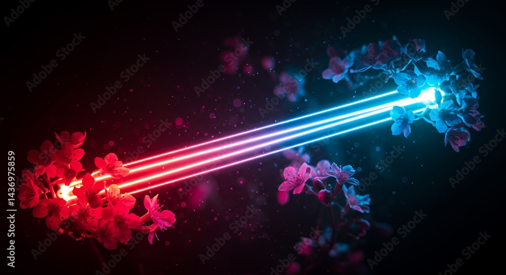 Poster witness dynamic burst neon light featuring multicolored sci fi laser beams shooting outwards from ce