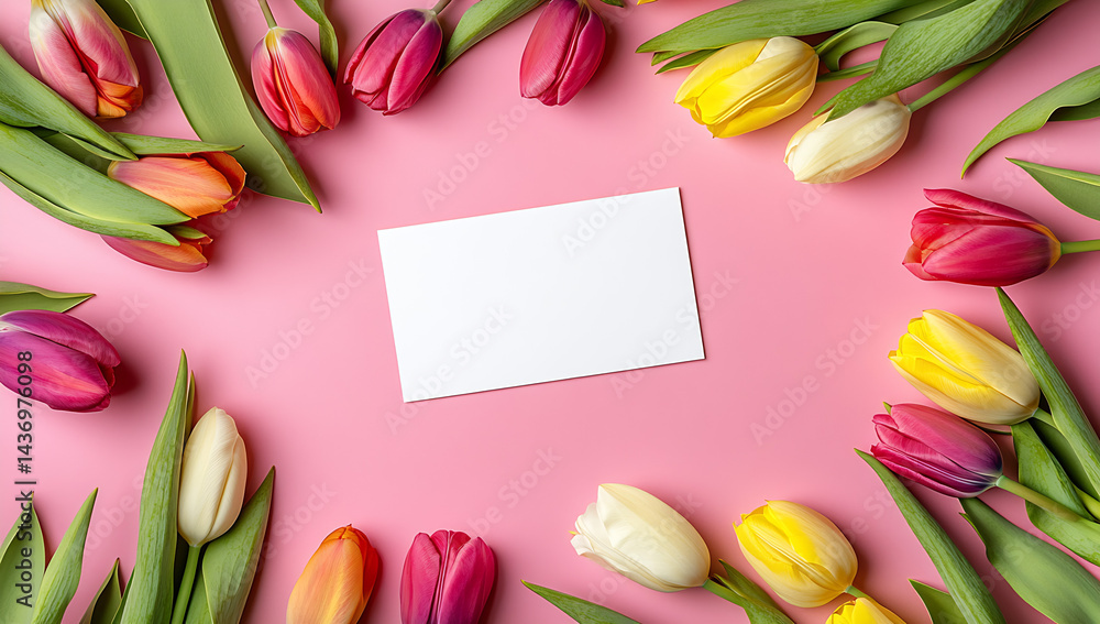 Poster beautiful arrangement of colorful tulips with blank card on pink background for invitations or greet