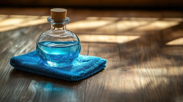 Essential elixir in a vintage bottle resting on a soft blue towel under sunlight