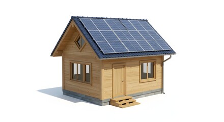 A small wooden house with solar panels on the roof isolated on a white background in a studio shot