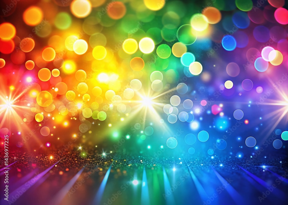 Poster vibrant multicolored lights bokeh background with copy space - rainbow flare effect