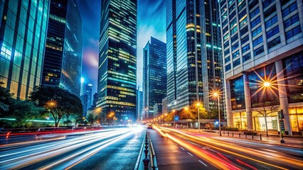 Obraz premium Vibrant Night City Street Scene with Motion Blur, Illuminated Skyscrapers, Busy Urban Life