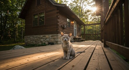 Small light-colored cat sitting on the porch of a rustic wooden cabin in a lush green forest