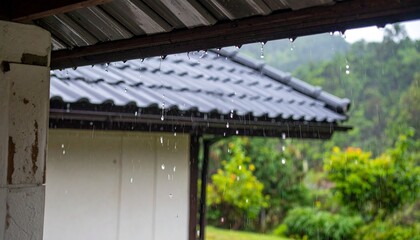 Obraz premium 静かな雨の日、一軒家の屋根に落ちる水滴が外の空気と家の中の温かい安らぎを対照的に映し出す