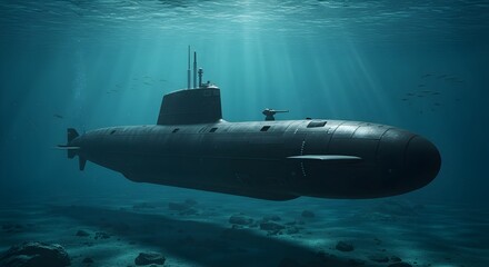 giant black military submarine gliding silently through the deep ocean