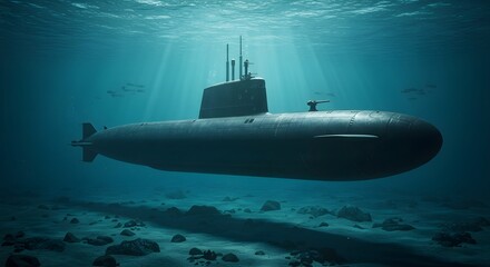 giant black military submarine gliding silently through the deep ocean
