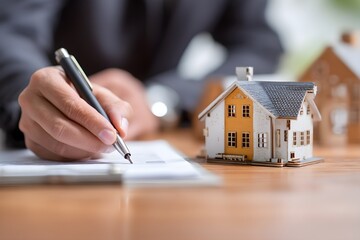 Concept of real estate investment and mortgage planning as professional signs property contract near house model, representing home buying decision and financial housing market analysis