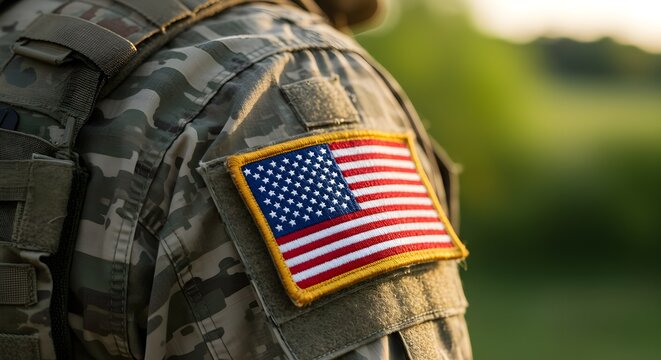 Close-up of U. S. military uniform with American flag patch. Soldier detail, national emblem. Represents patriotism, honor, commitment. Blurred background. Symbol of nation pride, service to country