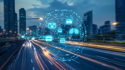 Naklejka premium Smart City Technology on Highway at Dusk