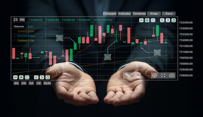 Hands holding digital trading chart with candlestick indicators, graphs, and technical analysis for...