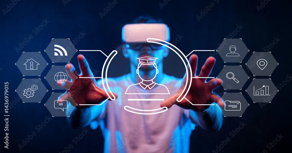Poster person using virtual reality headset with hands outstretched in a dark room surrounded by digital in