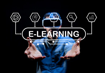 Person in Virtual Reality Headset Engaging with E-Learning Concept in a Dark Environment Featuring Educational Icons and Graphic Elements