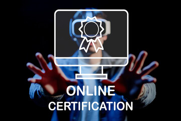 Virtual Reality Interaction for Online Certification, Hands Reaching Out with Computer Screen and Award Icon in Background for Digital Learning Environment