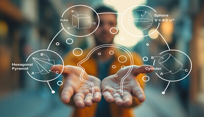 Visualization of geometric shapes and their formulas with a human figure representing knowledge and creativity in a vibrant urban setting