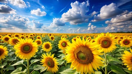 Fototapeta premium Vibrant Sunflower Field at Summer Sunset, Blooming Flowers, Golden Hour Landscape
