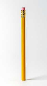 A single, unsharpened, yellow, hexagonal pencil with a pink eraser and gold metal ferrule, standing upright against a white background.