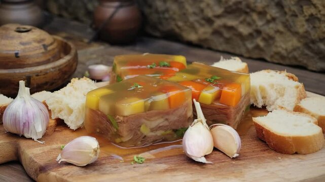 Piftie, Romanian traditional dish of jellied meat, close-up in a rustic bowl, garnished with garlic and herbs 
