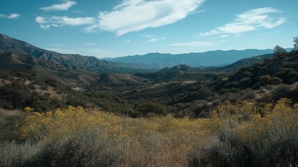 Obraz premium Picturesque mountain landscape with yellow wildflowers in the foreground