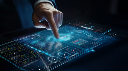 Futuristic Business Interface with Digital Data Visualization and Interactive Touchscreen...