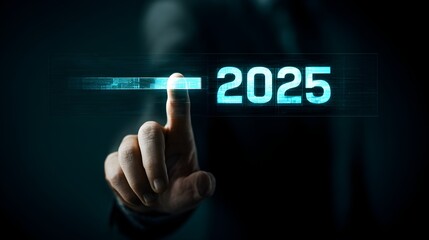 A businessman touches a digital progress bar indicating the transition from 2024 to 2025, symbolizing strategic planning, future readiness and challenge strategy for business startup