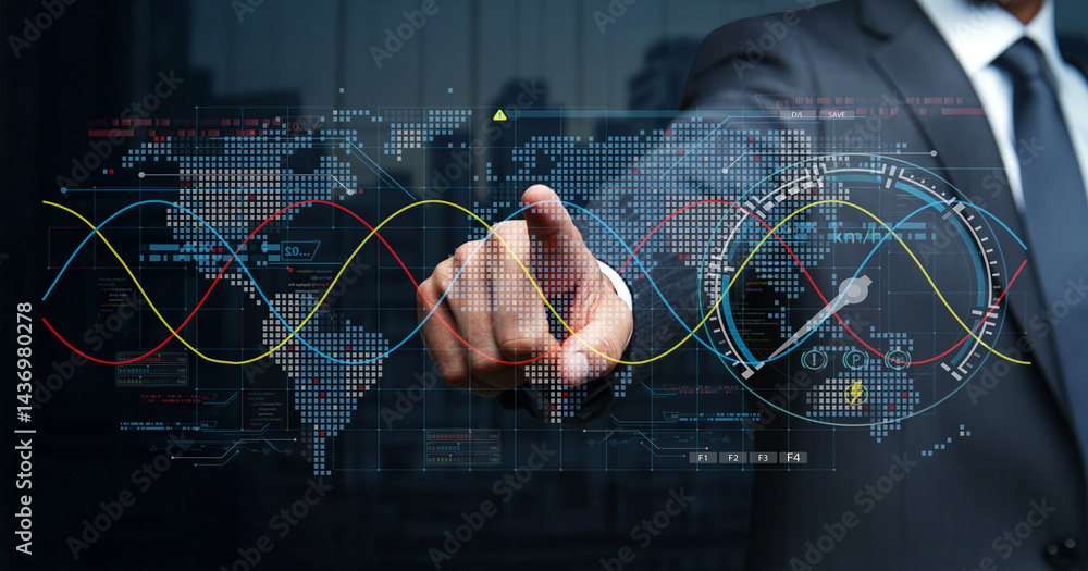 Poster businessman using touchscreen technology with digital world map, graphs, and data visualization in m